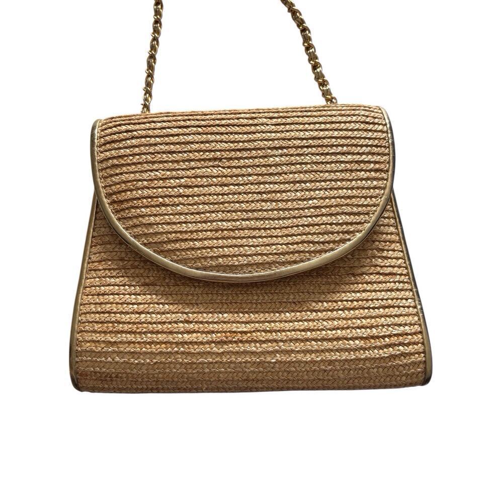 La Regale Woven Straw Grass Handbag Purse Gold Tone Hardware Vintage Chain Strap